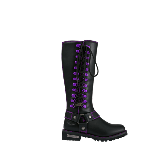 Dream Apparel® Women Biker Knee High Boots with Purple Laces